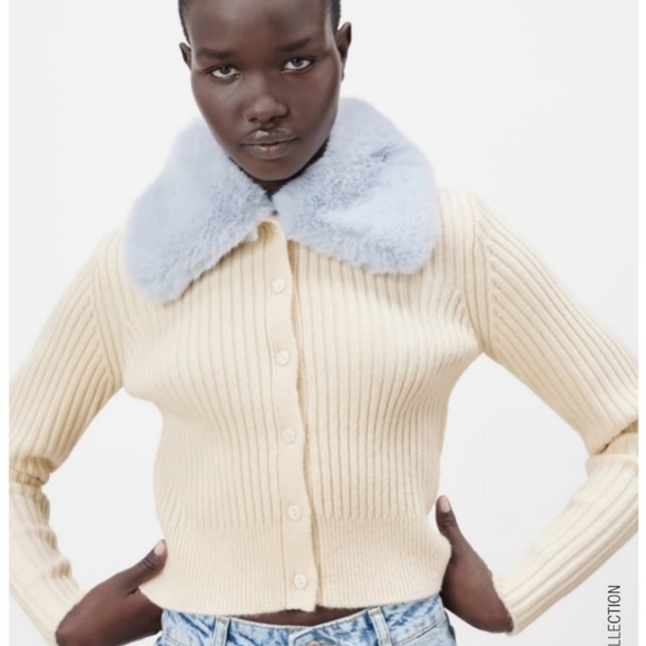 Zara * faux fur knit cardigan Cream Blue - Picture 14 of 15